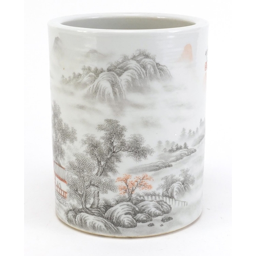 222 - Chinese grisaille porcelain brush pot, hand painted with a winter landscape, iron red character mark... 