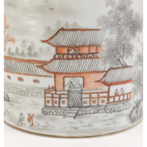 222 - Chinese grisaille porcelain brush pot, hand painted with a winter landscape, iron red character mark... 