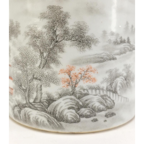 222 - Chinese grisaille porcelain brush pot, hand painted with a winter landscape, iron red character mark... 