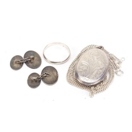 1270 - Silver jewellery comprising a locket on chain, pair of cufflinks and a ring, 20.7g