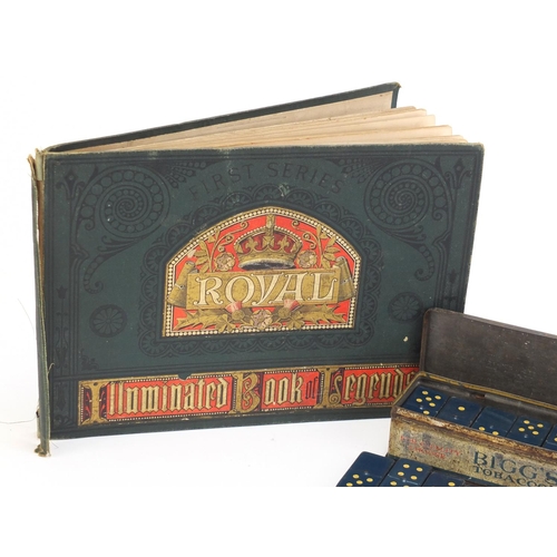 1097 - Tin plate bird, Bigg's tobacco tin dominoes and a Royal Illuminated book of Legends