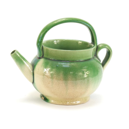 141 - Linthorpe style pottery open teapot with green dripping glaze in the manner of Christopher Dresser, ... 