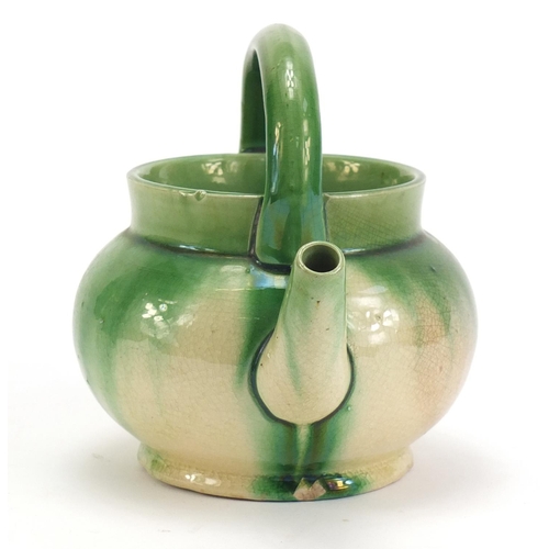 141 - Linthorpe style pottery open teapot with green dripping glaze in the manner of Christopher Dresser, ... 