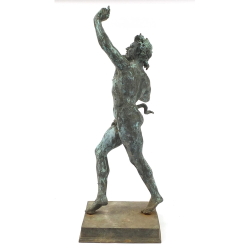 94 - Large patinated bronze Grand Tour dancing faun garden statue, 77cm high