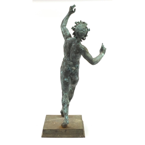 94 - Large patinated bronze Grand Tour dancing faun garden statue, 77cm high