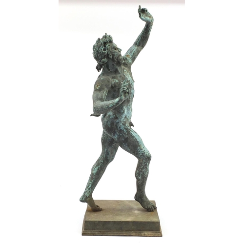 94 - Large patinated bronze Grand Tour dancing faun garden statue, 77cm high