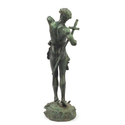 93 - Patinated bronze garden statue of a warrior entitled Victoria, 72cm high