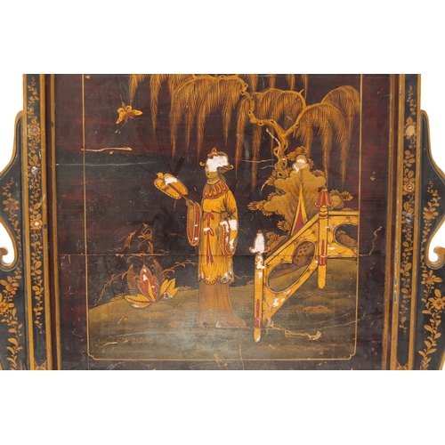 642 - Chinese black lacquered fire screen gilded with a figure in a palace setting, 87.5cm high x 80cm wid... 