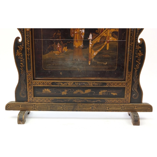 642 - Chinese black lacquered fire screen gilded with a figure in a palace setting, 87.5cm high x 80cm wid... 