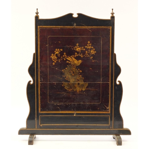 642 - Chinese black lacquered fire screen gilded with a figure in a palace setting, 87.5cm high x 80cm wid... 