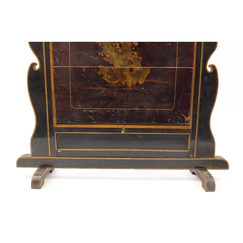 642 - Chinese black lacquered fire screen gilded with a figure in a palace setting, 87.5cm high x 80cm wid... 