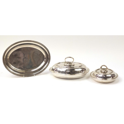 1093 - Silver plate including a lidded entrée dish, the largest 36cm wide