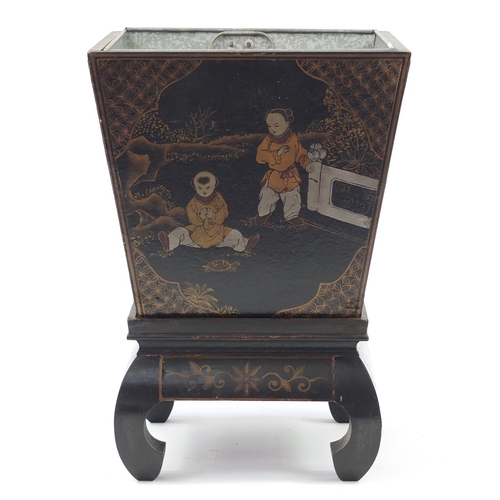 103 - Chinese black lacquered planter with liner on stand, hand painted with a panel of children playing, ... 