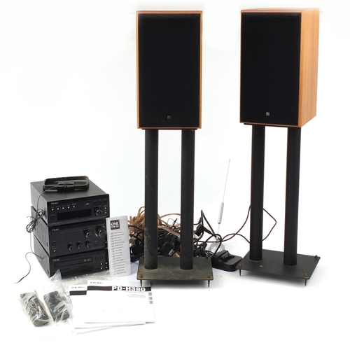 1563 - Teac hi-fi separates and pair of Kef speakers with stands, the speakers on stands, each 90cm high