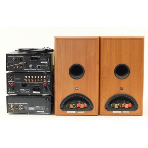 1563 - Teac hi-fi separates and pair of Kef speakers with stands, the speakers on stands, each 90cm high