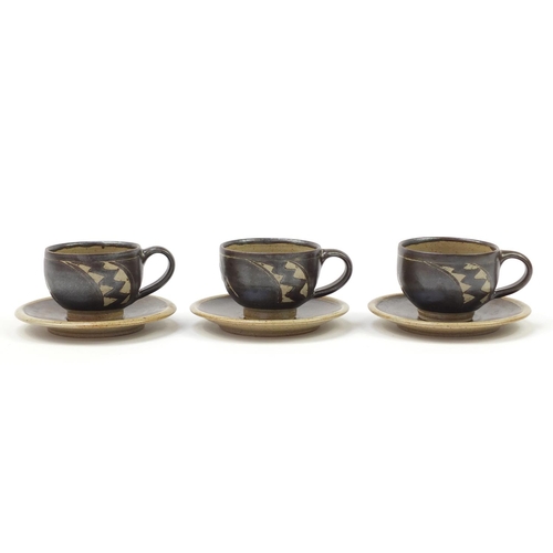 160 - Chris Lewis set of six South Heighton studio pottery cups with sauces, each hand painted with an abs... 