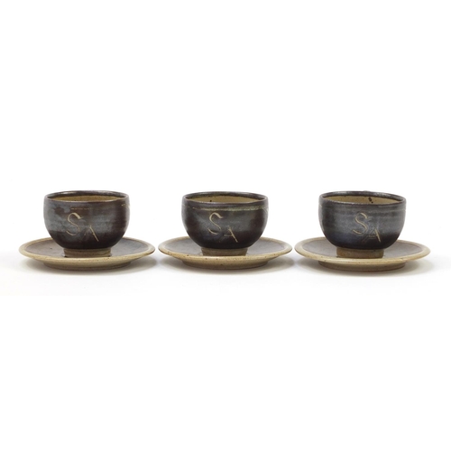 160 - Chris Lewis set of six South Heighton studio pottery cups with sauces, each hand painted with an abs... 