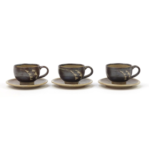 160 - Chris Lewis set of six South Heighton studio pottery cups with sauces, each hand painted with an abs... 