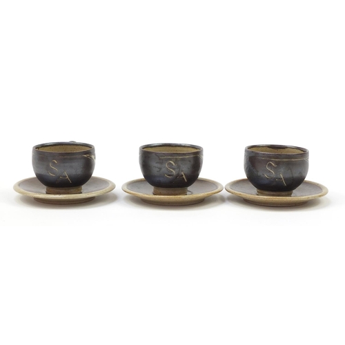 160 - Chris Lewis set of six South Heighton studio pottery cups with sauces, each hand painted with an abs... 