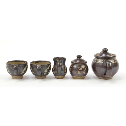 853 - Chris Lewis South Heighton studio pottery tea for two including a teapot, each hand painted with an ... 