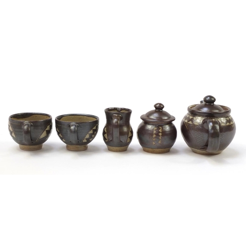 189 - Chris Lewis South Heighton studio pottery tea for two including a teapot, each hand painted with an ... 