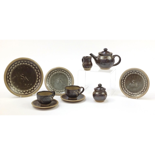 783 - Chris Lewis South Heighton studio pottery tea for two including a teapot, each hand painted with an ... 