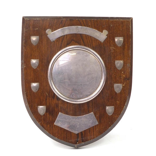 817 - Large oak sporting shield with unengraved silver and plated plaques, Birmingham 1971 , 37.5cm high x... 