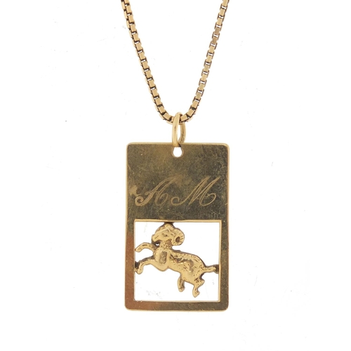 539 - 9ct gold goat pendant on a 9ct gold necklace, the pendant 3cm in length, 5.7g