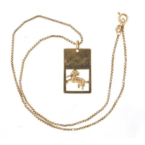 539 - 9ct gold goat pendant on a 9ct gold necklace, the pendant 3cm in length, 5.7g