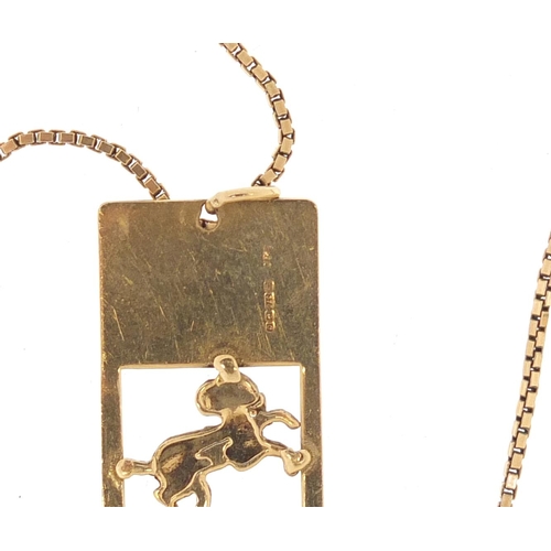 539 - 9ct gold goat pendant on a 9ct gold necklace, the pendant 3cm in length, 5.7g