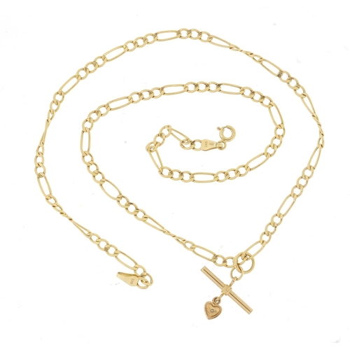 1226 - 9ct gold Figaro link necklace with diamond love heart pendant, 44cm in length, 3.6g