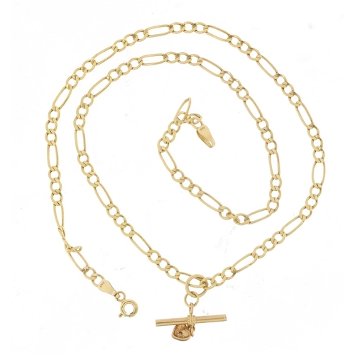 1226 - 9ct gold Figaro link necklace with diamond love heart pendant, 44cm in length, 3.6g