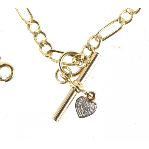 1226 - 9ct gold Figaro link necklace with diamond love heart pendant, 44cm in length, 3.6g