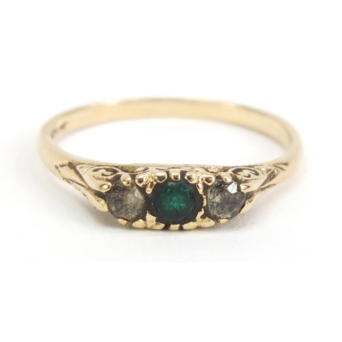 827 - 9ct gold green and clear stone ring, size M, 1.8g