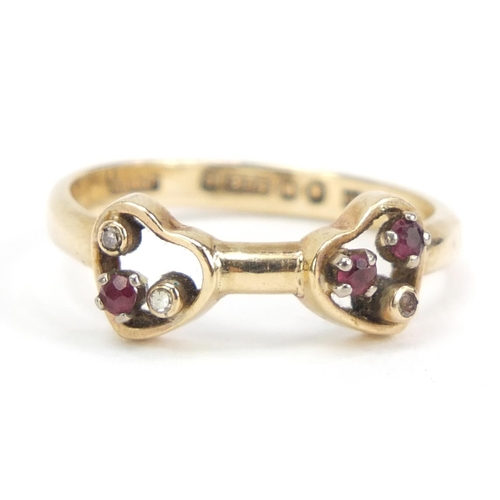 115 - 9ct gold diamond and ruby ring, size O, 2.5g