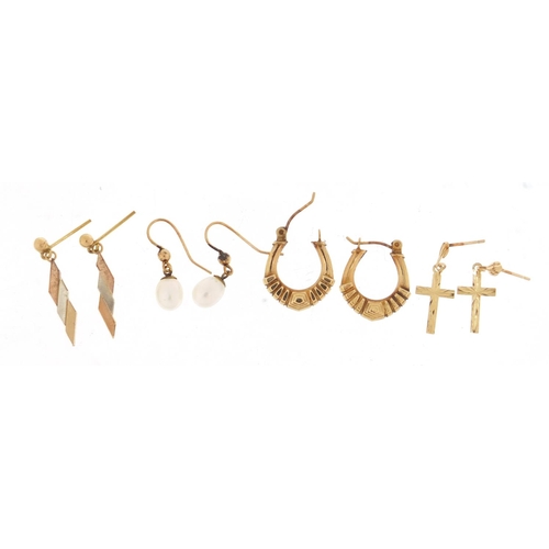409 - Four pairs of 9ct gold earrings, the largest 2.3cm in length, 3.2g