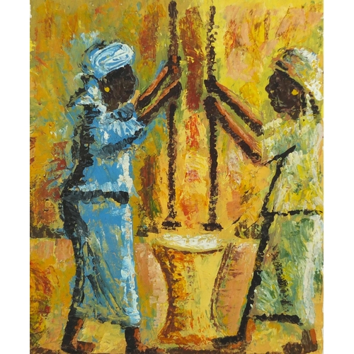 1170 - Two African workers, oil, mounted, framed and glazed, 40cm x 32cm