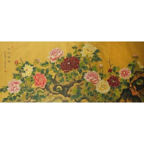 303 - Chinese watercolour on silk depicting flowers with calligraphy and red seal marks, mounted, framed a... 