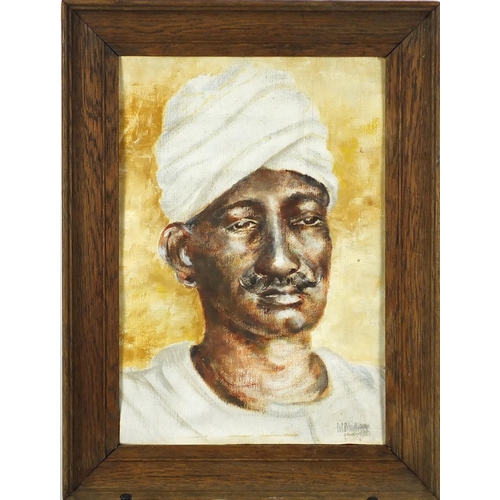 1294 - M Phillips - Portrait of an Indian man, oil on canvas laid on board, framed, 34cm x 23cm