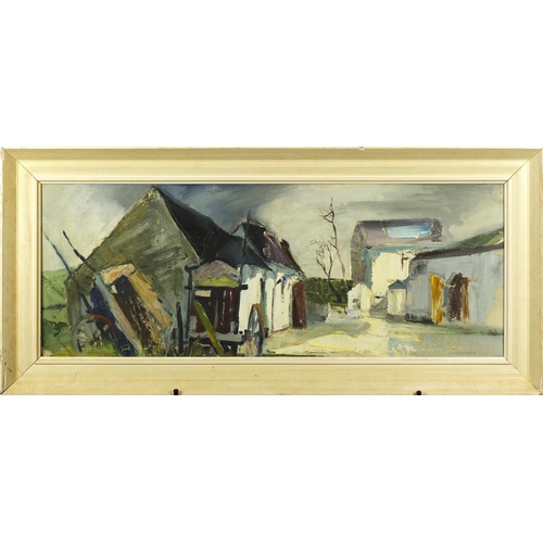 31 - Manner of Kenneth Webb - Town scene, oil on canvas inscribed Belfast and label verso, framed, 90cm x... 
