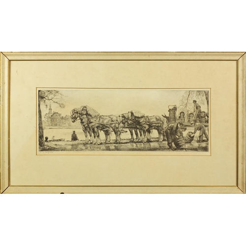 1318 - WG Hofker - Draymen unloading horse and cart before canal, Continental etching in white painted fram... 