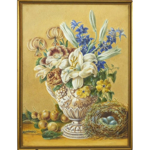 1295 - Birds nest beside vase of still life flowers, well detailed watercolour, framed and glazed, 32cm x 2... 