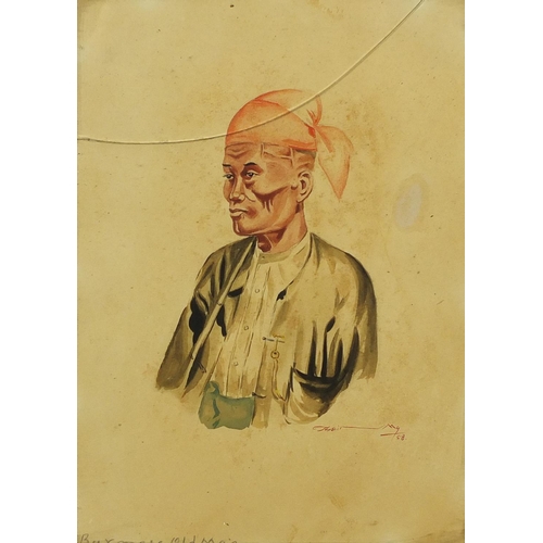 623 - Burmese man and women, five well detailed watercolour portraits, each in wooden frames, each 18cm x ... 