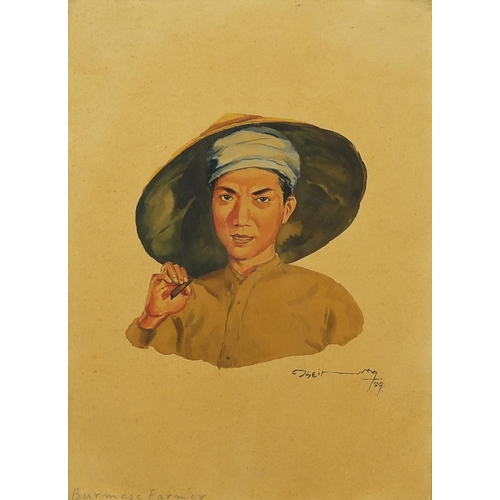 623 - Burmese man and women, five well detailed watercolour portraits, each in wooden frames, each 18cm x ... 