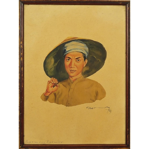 623 - Burmese man and women, five well detailed watercolour portraits, each in wooden frames, each 18cm x ... 