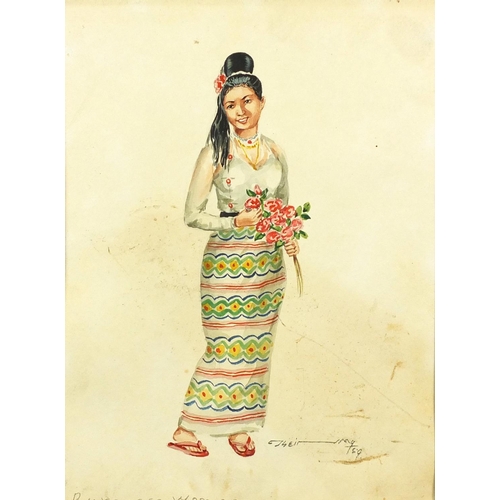 623 - Burmese man and women, five well detailed watercolour portraits, each in wooden frames, each 18cm x ... 