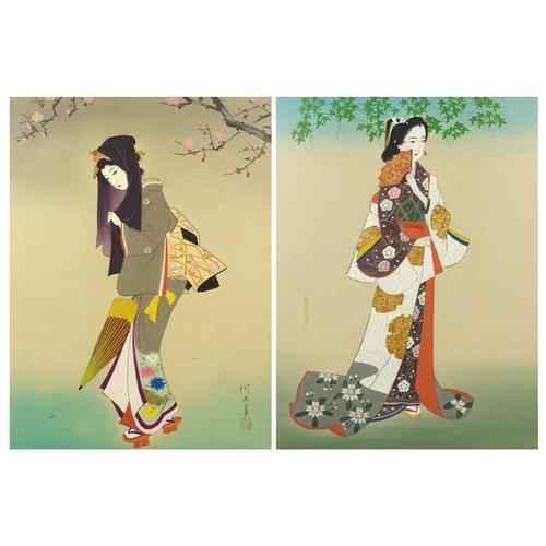 841 - Japanese Geisha girls in colourful regalia, pair of watercolours, signed, each framed and glazed, 30... 