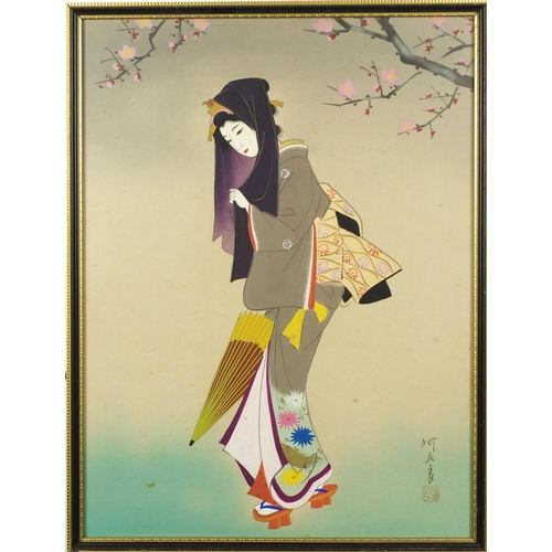 841 - Japanese Geisha girls in colourful regalia, pair of watercolours, signed, each framed and glazed, 30... 