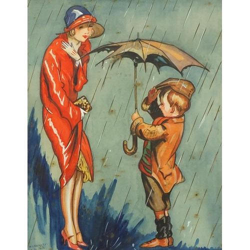 895 - H.C.Riketts 1.6.35 - Noblesse Oblige, comical watercolour young boy holding an umbrella in the rain ... 