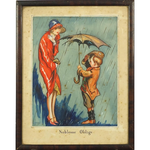 895 - H.C.Riketts 1.6.35 - Noblesse Oblige, comical watercolour young boy holding an umbrella in the rain ... 